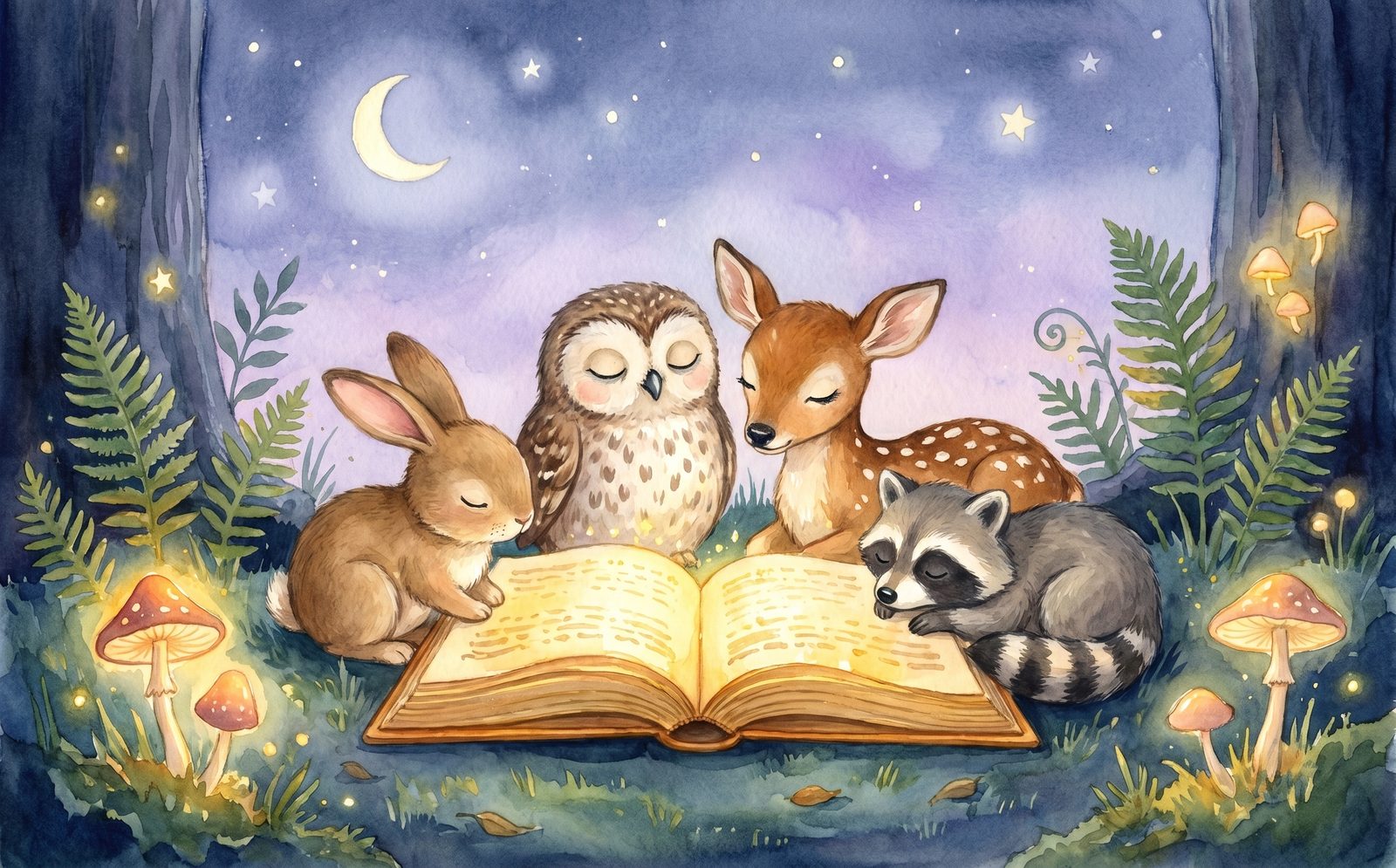Sleepy woodland animals gathered around a glowing storybook