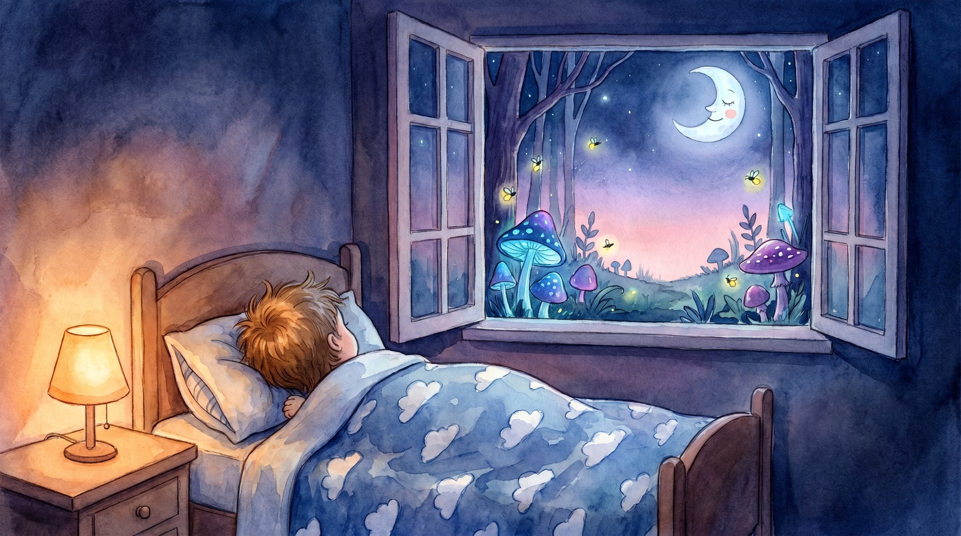 A sleeping child in bed watching a magical moonlit forest through the open window